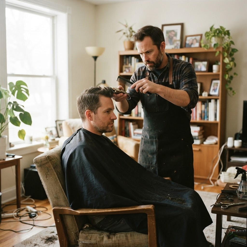 A barber providing an at-home haircut service