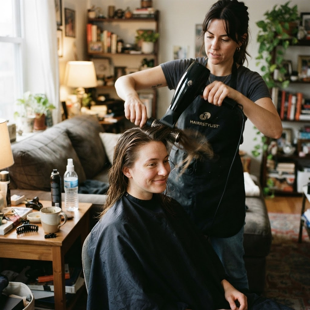 A beauty professional providing an at-home service